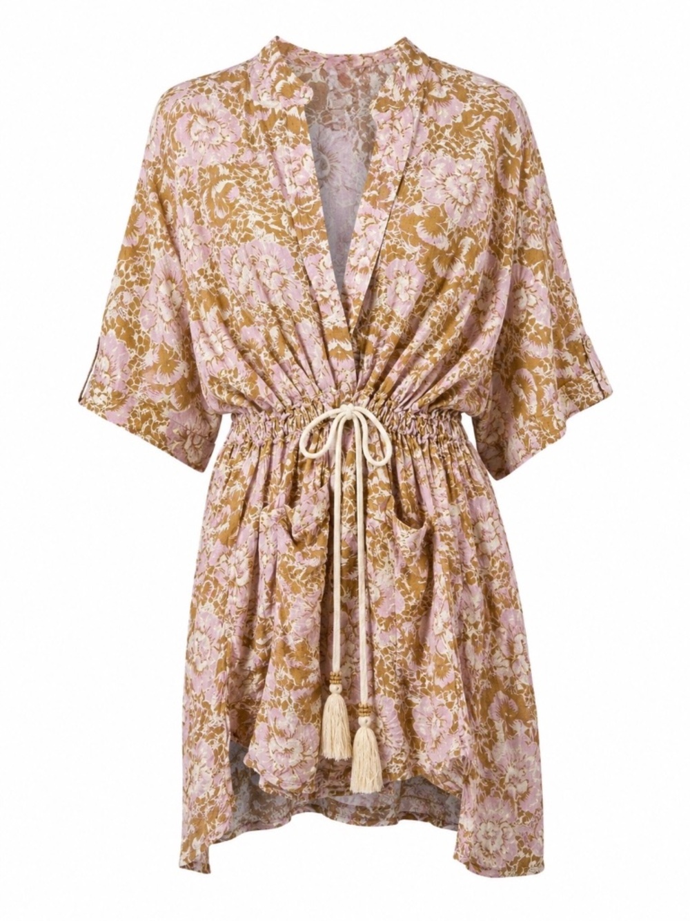 FREE PEOPLE Intimately Floral Boho Tunic Kimono Top Cinch Waist Tassel XS/S